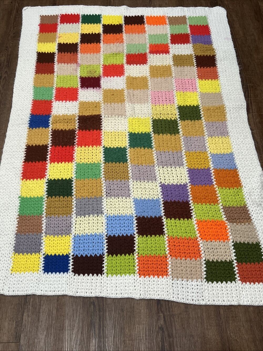 HAND CROCHET RAINBOW MULTI COLOR AFGHAN THROW LAP BLANKET 61x44 Vintage